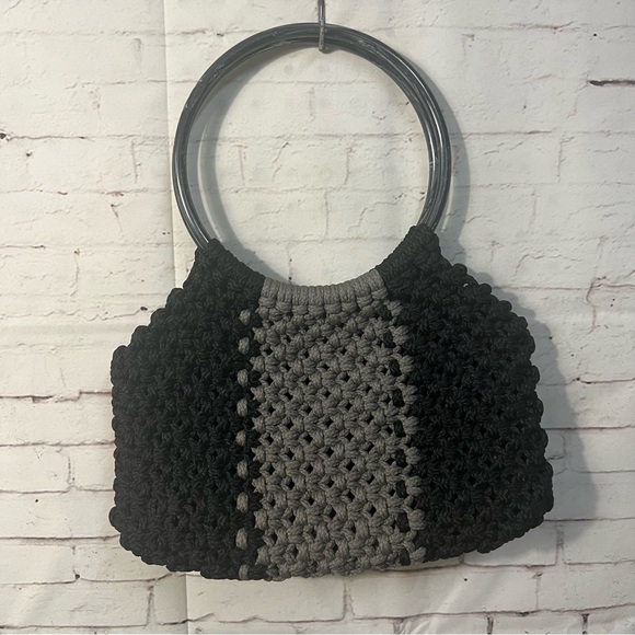 Vintage Macrame Handbag Purse Black Gray Bag Handmade Boho Round Handles MCM - Picture 8 of 13